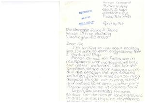 ["Teresa Leonard wrote a letter to Congressman James R. Jones about ecology and provided suggestions to help with water pollution, urban conservation, wildlife protection, trash management, and air pollution. She emphasized the importance of using biodegradable products, enforcing laws, promoting conservation efforts, and supporting businesses that prioritize the environment. She also suggested implementing recycling plants and stricter regulations on pollution sources."]