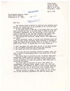 ["Cindy Brooks, a student at Skelly Jr. High, wrote a letter to Congressman James R. Jones discussing the importance of addressing environmental issues such as pollution, energy crisis, overpopulation, and urban conservation. She suggested using billboards, newspapers, and television to educate people on how they can help by using environmentally friendly products and practices. She emphasized the need for recycling, air and water pollution control, conservation of wildlife and plants, and urban development. Cindy urged Congressman Jones to raise awareness and encourage everyone to do their part in protecting the environment."]