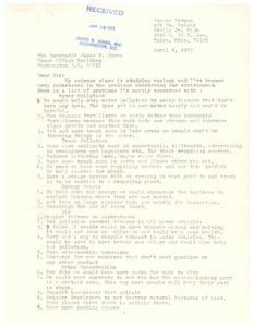 ["A letter from Sandra Redman to the Honorable James R. Jones discussing her concerns about environmental issues such as water and trash pollution, the energy crisis, air pollution, and urban conservation. She suggests various solutions to these problems and urges action to be taken before it's too late."]