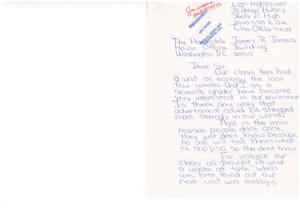 ["Lori Hightower, a seventh grader at Skelly Jr. High in Tulsa, Oklahoma, writes to Congressman James R. Jones in Washington D.C. expressing her interest in ecology and the need for stronger advertisement to educate people about environmental issues. She also suggests implementing population control measures such as making birth control pills readily available and enforcing abortion laws and death penalties. Lori believes that immediate attention is needed to address population control in the world."]