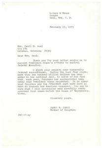 ["Mrs. Neal wrote to Congressman Jones asking for his support in President Nixon's efforts to control federal spending. Congressman Jones responded by expressing his concern over increasing federal expenditures and assuring Mrs. Neal that he will carefully scrutinize all proposals in order to protect the American taxpayer."]