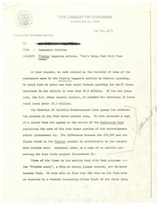 ["The document provides a response to a request regarding the validity of statements made in a Playboy magazine article on Federal spending. It mentions that total Federal spending for the items mentioned in the article is less than $6.5 million, with the exclusion of a large item reducing the total to about $2.3 million. The document also addresses specific items mentioned in the article, such as a D.C. urban renewal project, Navy programs, a heroin hotline, and the Alaskan Chateau. It includes information from the General Accounting Office and other sources to verify or provide additional context on the mentioned items. Additionally, it discusses an Interdepartmental Screw-Thread Committee and a study by the Food and Drug Administration on safety standards for children's products."]