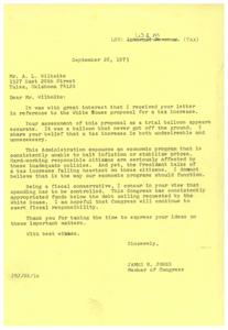 ["The document is a letter from Mr. Wilhoite to Congressman James R. Jones expressing his opposition to a proposed tax increase by the White House. Wilhoite believes that a tax increase will not help to control inflation and that spending should be controlled instead. He suggests cutting the budget and is against any tax increase. Congressman Jones agrees with Wilhoite's views and thanks him for sharing his thoughts on the matter."]