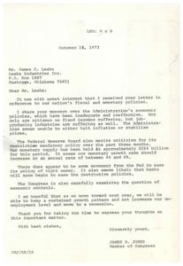 ["Mr. Leake expresses concern to Congressman Jones about the nation's fiscal and monetary policies, criticizing the Administration's economic policies and the Federal Reserve Board's tight money policy. He believes that the current policies are causing shortages and could lead to an economic depression. Congressman Jones acknowledges Leake's concerns and hopes for sustained economic growth without increasing unemployment levels."]