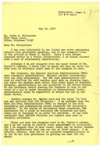 ["The document is from Congressman James R. Jones in response to a letter from James G. Michaelson expressing concern about government spending. Jones defends some government expenditures mentioned in an article by Henry J. Taylor, indicating that there may be valid reasons for them. Jones acknowledges the importance of fiscal responsibility and representing taxpayers' interests. The article by Henry J. Taylor criticizes wasteful government spending, highlighting examples such as expensive poetry publications funded by taxpayers. Taylor emphasizes the burden of taxes on average citizens and calls for more transparency and accountability in government spending."]