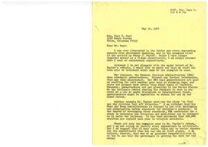["Mrs. Faye D. Hays writes to Congressman James R. Jones expressing concern about government spending, referencing an article by Henry J. Taylor. She acknowledges that some expenditures may seem unnecessary at first glance, but provides explanations for two examples cited in the article. She emphasizes the importance of ensuring the government gets the most for its money and asks for action to be taken on wasteful spending."]