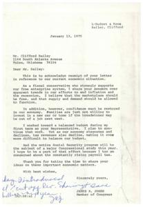 ["The document from Clifford Bailey to Congressman James R. Jones expresses concern about the current economic situation, including inflation, recession, and rising social security withholding. Bailey advocates for a more realistic monetary policy, less governmental intervention in the economy, and a balanced budget or smaller deficit. He questions the need for tax increases to finance new programs and criticizes actions that prop up weak businesses at the expense of others. Bailey also discusses concerns about the housing and auto industries pricing themselves out of the market."]
