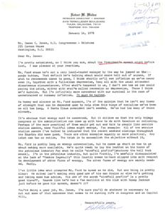 ["The author, a petroleum consultant engineer, expresses concern about President Ford's speech on the economy and energy conservation. He criticizes Ford for potentially causing inflation and a depression with his actions. The author also believes that more practical solutions, rather than taxation or rationing, should be considered. Additionally, the author is disappointed in the lack of innovation in developing alternative forms of energy. The author praises the recipient, Congressman Jones, for his work and urges him to address the issues in Congress and on Capitol Hill."]