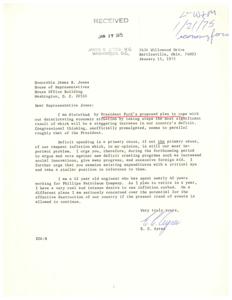 ["The document is from E.C. Ayres to Representative James R. Jones expressing concern over President Ford's proposed economic plan, which would lead to a significant increase in the country's deficit. Ayres believes that deficit spending is the primary cause of inflation and urges Representative  Jones to vote against new deficit creating programs and to carefully examine existing expenditures. Ayres, a 62-year-old engineer, is worried about the potential destruction of the country if current economic trends continue."]