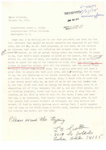 ["The document is addressed to Congressman James R. Jones, urging him to vote for a full increase in Social Security benefits rather than the proposed % increase by Mr. Ford. The writer expresses concerns about inflation, gasoline price increases, and the impact of Ford's policies on the elderly and poorer class of people. They also question the effectiveness of tax rebates and criticize Ford's approach to addressing the recession. The writer suggests that Ford should focus on saving fuel by staying in the White House more."]