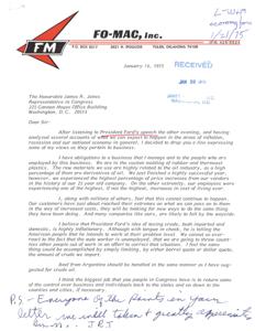 ["The document is from Richard Fowlkes, the president of FO-MAC, Inc., expressing concerns about inflation, recession, and the national economy. Fowlkes discusses the impact of price increases on their business and employees, and criticizes President Ford's proposed tax on crude oil. He also expresses his views on federal aid, forced busing, government bailouts, free enterprise, and the importance of young people as a resource. Fowlkes praises the recipient, Representative James R. Jones, for his work but also highlights areas where he believes improvements are needed in Congress."]