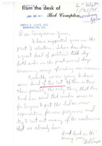 ["The writer, Bob Compton, expresses support for Congressman Jones and discusses the political talk surrounding ways to end the recession, including a possible tax cut. He agrees with President Ford's suggestion to limit new expenditures and cut out useless programs."]