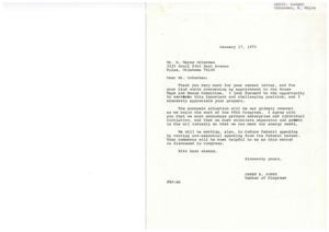 ["The document is a letter from B. Wayne Ockerman to Congressman James R. Jones congratulating him on his appointment to the House Ways and Means Committee. Ockerman expresses concerns about federal spending, taxation, and socialistic programs, urging Jones to prioritize individual initiative and private enterprise. He also warns Jones about the temptation of power and urges him to resist corruption. Jones responds by thanking Ockerman for his letter and expressing his commitment to addressing economic concerns in Congress."]