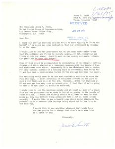 ["The document is from James E. Smith to James R. Jones, a member of the United States House of Representatives, expressing frustration with government spending and the lack of accountability. Smith suggests cutting wasteful spending, eliminating foreign aid, enforcing gas rationing, and providing better support for American citizens, particularly the elderly and those in need of healthcare. He calls for a more fair and equitable system that benefits the American people without hidden agendas."]