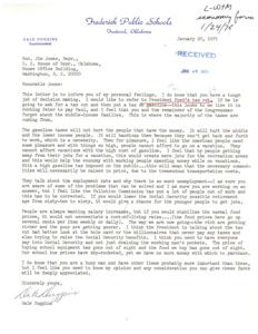 ["In this letter, Dale Duggins expresses concern about the impact of President Ford's tax cut proposal and a potential tax on gasoline on middle and lower income families. He argues that high gasoline taxes will disproportionately affect these groups by making it difficult to commute to work and afford vacations. Duggins also suggests lowering the Social Security retirement age and stabilizing food prices to help alleviate economic challenges. He urges Congressman Jim Jones to consider these issues and take action to address them."]