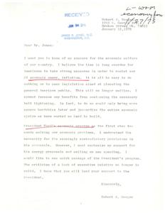 ["Robert A. Dougan expresses concern about inflation and urges strong measures to combat it. He supports President Ford's economic program, specifically the energy proposals and ceiling on new spending, and calls for quick passage of the program. He urges James R. Jones to lend his support to the President."]