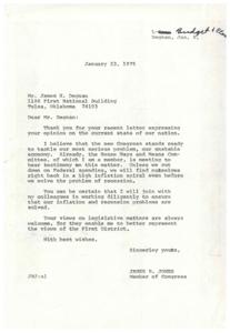 ["The first letter is a response from Representative James R. Jones to a letter expressing concerns about the state of the nation's economy. Jones assures the sender that Congress is working on solving the issue of inflation and recession by cutting down on federal spending. The second letter expresses disappointment in the government's handling of the problem and suggests that the solution is simple, but unlikely to be implemented."]
