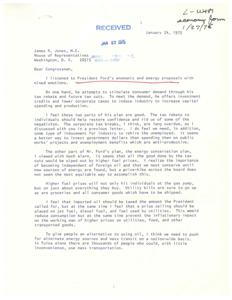 ["The author of the letter expresses mixed emotions about President Ford's economic and energy proposals. They support tax rebates and corporate tax breaks to stimulate demand and production but are alarmed by the potential impact of higher fuel prices. They suggest taxing imported oil and implementing price ceilings on certain fuels to mitigate inflationary effects. The author also advocates for alternative energy sources, mass transit, and raising the minimum age for drivers to reduce gas consumption. They request the Congressman's views on the proposals."]