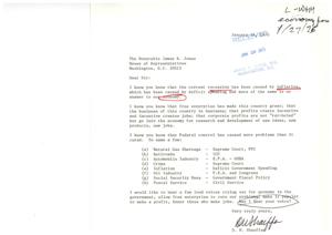 ["The document is addressed to James R. Jones, a member of the House of Representatives, expressing concern about the current recession caused by inflation, deficit spending, and federal control. The author advocates for a focus on free enterprise, profit-making, and job creation as solutions to economic problems."]