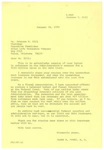 ["James R. Jones, a member of the House of Representatives, acknowledges receipt of a letter from Johnson D. Hill, Chairman of the Executive Committee of Atlas Life Insurance Company, regarding the Administration's request for a $103 billion raise in the debt limit. Jones expresses concern over the debt increase and supports efforts to restore a balanced budget and fiscal integrity at the federal level. He believes that cutting back on non-essential federal spending and stimulating the economy to get people back to work is essential. Hill suggests that the debt limit could be saved by ending the Vietnam War and transferring the administration of certain departments to the states."]