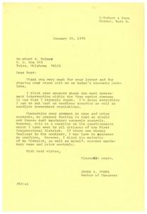 ["The document is a letter from Burt B. Holmes to Congressman James R. Jones expressing concern about government intervention in the free market economy and opposition to mandatory wage and price controls. Congressman Jones responds by acknowledging the concern and stating his own opposition to such controls, while also mentioning that he is seeking feedback from constituents on the issue."]