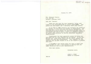 ["Mrs. Margaret Pearson wrote a letter to Congressman James R. Jones expressing her concern about rising unemployment, especially among young people. She suggested creating more public service jobs and accelerating public works projects to address the issue. Congressman Jones thanked her for her input and agreed that unemployment is a serious problem that needs to be addressed to support the future leaders of the country."]