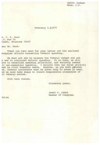 ["The document is a letter from James R. Jones, a member of Congress, thanking Mr. Wood for a letter and newspaper article about federal spending. Jones emphasizes the need to balance the budget by establishing spending priorities and reducing non-essential spending. He agrees with Wood's point about federal assistance being given only to those in need. The document also includes a letter from a person urging the government to stop spending on welfare and focus on vital domestic needs. Additionally, there is information about an economist warning that the United States cannot spend its way out of a recession and should instead focus on reducing deficits. The economist also discusses the economic theories of Lord Maynard Keynes and the need for responsible financial management."]