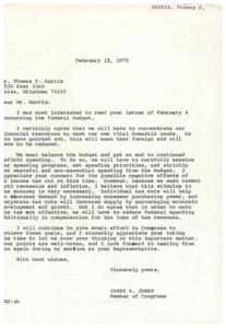 ["The document is a series of letters discussing the federal budget, foreign aid, income tax cuts, and spending priorities. Mr. Harris expresses concern about the budget and foreign aid, while also questioning the wisdom of an income tax cut. Congressman Jones agrees with some of Mr. Harris' points and explains his stance on tax cuts and spending reductions. The staff assistant acknowledges Mr. Harris' communication and assures that Congressman Jones will address it upon his return to Washington."]