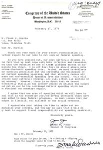 ["The document is a letter from Congressman James R. Jones in response to a constituent's concerns about federal spending. Jones acknowledges the need to cut spending, particularly on non-essential programs, in order to balance the budget and stabilize the economy. He also mentions the need to address automatic cost-of-living increases in federal programs. The document also includes a list of \"Cannot-\" attributed to Abraham Lincoln, highlighting the importance of thrift, avoiding class hatred, and promoting independence and self-reliance."]