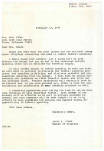 ["Mrs. Matt Elder wrote to Congressman James R. Jones urging him to vote against the proposed federal budget due to concerns about deficit spending. She suggested reducing foreign aid and unnecessary domestic programs to prioritize vital needs. Congressman Jones responded, acknowledging her concerns and stating the importance of evaluating spending programs. Additionally, newspaper columnist Sylvia Porter criticized wasteful government spending, highlighting examples of unnecessary expenditures in various departments. President Ford proposed a $7.4 billion budget for education, with cuts to impact aid and increased funding for student grants. Senator William V. Roth criticized the lack of specific budget cut proposals from the administration."]