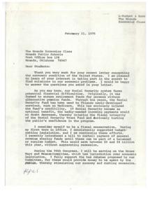 ["The Mounds Economics Class wrote a letter to Congressman James R. Jones expressing their concerns about the economic condition of the United States. They asked for his views on various economic issues such as Social Security, government spending, petroleum tax cuts, and food stamp price hikes. Congressman Jones responded by discussing his support for budget-cutting legislation, tax rebates, incentives for domestic fuel producers, and the importance of an informed public in solving national problems."]