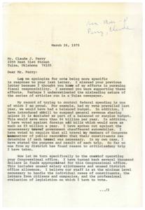 ["The document from Congressman James R. Jones to Mr. Claude J. Perry addresses concerns about fiscal responsibility and the operation of the Congressional office. Jones explains his efforts to control federal spending, including introducing bills to save money and his transparency in recording travel expenses. He also clarifies that the funds he receives are used for necessary expenses, including maintaining homes in Tulsa and Washington. Jones assures Perry that all expenses related to the Congressional office are accounted for and used appropriately."]
