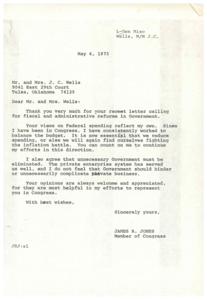 ["The document from Mr. and Mrs. Wells to Congressman James R. Jones expresses concern over the federal deficit and calls for a reduction in government expenditures, especially in welfare programs and subsidies. They advocate for the government to only intervene where private businesses cannot and to hold federal agencies accountable for their regulations. They also emphasize the importance of protecting national security. Congressman Jones responds by thanking them for their letter and expressing agreement with their views on fiscal responsibility and reducing government spending."]