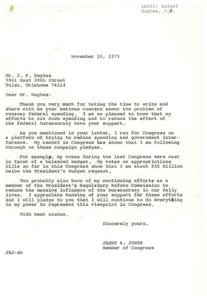 ["Mr. Hughes expresses his concerns about runaway federal spending in a letter to Congressman James R. Jones. Jones responds by assuring Hughes of his efforts to cut down spending and reduce government interference. Jones mentions his votes in favor of a balanced budget and efforts to reduce bureaucracy. Hughes urges Jones to take action to reduce wasteful spending and avoid increased taxation, highlighting the importance of fiscal responsibility in government."]