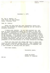 ["In a letter to Mr. Joe W. Zodrow, Representative James R. Jones expresses his agreement with Zodrow's concerns about federal spending and the impact of over-regulation on the economy. Jones mentions his involvement in the President's Regulatory Reform Commission and his commitment to supporting reforms to reduce regulatory burdens. Zodrow had previously written to Congress expressing the belief that cutting spending on the business regulatory structure could have a positive impact on the economy and tax income."]