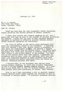 ["The document is a letter from James R. Jones, a member of Congress, responding to a letter from G.W. Givens regarding federal spending and various government programs. Jones agrees with Givens on the need to cut federal spending and discusses his support for a public works employment bill that was vetoed by the President. Jones also addresses tax incentives for industry to hire more workers, welfare reform, and the food stamp program. Givens expresses concerns about government spending and suggests ways to reduce waste and improve efficiency in government programs."]