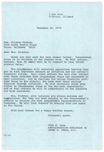 ["The document is a response to Mrs. Mildred Fichter's concerns about inflation and financial issues. The administrative assistant assures her that Congressman Jones shares her concerns and will consider her opinions. Mrs. Fichter expresses frustration with the government's handling of inflation and criticizes the impact on elderly individuals like herself. She also warns about the potential consequences of inflation and urges Congress to address the issue."]