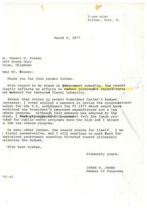 ["James R. Jones, a Member of Congress, responds to a letter regarding his stand on government spending, stating that he is a fiscal conservative and has voted against measures that would increase the budget and allow for a tax rebate program. The document also questions Jones' voting record on government spending and suggests that Congress should introduce a bill to reduce salaries to show they are against pay raises."]