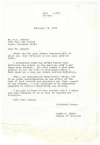 ["Mr. Duncan wrote to Representative James R. Jones expressing concern about inflation being the main problem facing the country. Representative Jones responded, acknowledging the severity of the issue and stating that he is working to cut government costs to help combat inflation. Jones reassured Duncan that he shares his concern and will continue to work towards stabilizing the economy."]