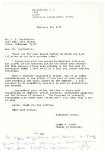 ["Mr. Gardenhire wrote a letter to Congressman James R. Jones expressing concern about inflation and suggesting solutions such as reducing crude imports, freezing Social Security payments, overhauling welfare and government pension programs, and cutting government expenses. Congressman Jones responded, thanking Mr. Gardenhire for his suggestions and stating that he is working on addressing these issues."]