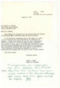["The document is a correspondence between Mr. Morris S. Lindsey and Congressman James R. Jones regarding the topic of wage and price controls. Mr. Lindsey supports the idea of implementing a freeze on all prices and wages to combat inflation, while Congressman Jones expresses his opposition to wage-price controls, stating that they have not been effective in the past. The document also includes information about public opinion on wage-price controls, showing that support for controls has varied over time."]