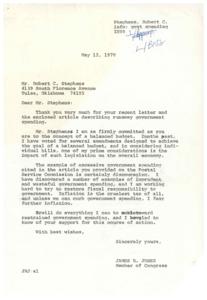 ["The document is a letter from Congressman James R. Jones to Robert C. Stephens, thanking him for his letter about government spending. Jones shares Stephens' commitment to a balanced budget and mentions his efforts to curb wasteful spending. The document discusses examples of excessive government spending and the impact on the economy. It also mentions the need to address inflation by controlling government spending. Jones expresses gratitude for Stephens' support and promises to work towards restrained government spending. The document also includes a response from Stephens discussing issues with government spending and suggesting solutions for the postal service. Additionally, the letter highlights a case study on the Postal Service Commission's excessive spending on salaries and expenses."]