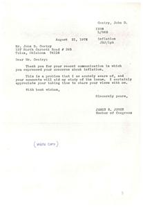 ["John D. Gentry wrote to Congressman James R. Jones expressing concerns about inflation and suggesting alternative solutions to combat it. Gentry believes that borrowing is causing inflation and that the country is heading towards communism if people do not stop borrowing. He suggests abolishing leading institutions and setting up local government reserves as a solution."]