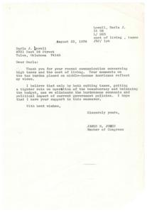 ["Darla J. Lowell wrote a letter to Congressman James R. Jones expressing her concerns about high taxes and the cost of living for middle-income Americans. Congressman Jones responded by agreeing with her views and stating that cutting taxes, controlling bureaucracy, and balancing the budget are necessary to alleviate the economic and political impact of current government policies. Darla expressed her opposition to high taxes and cost of living in a follow-up letter, stating that she will not re-elect anyone unless there is a drastic change in government policy."]