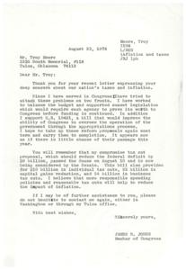 ["The document is from Congressman James R. Jones to Mr. Troy Moore, thanking him for expressing concern about taxes and inflation. Congressman Jones discusses his efforts to balance the budget, support sunset legislation, and improve government oversight through appropriations. He mentions a compromise tax cut proposal that passed the House and is being considered by the Senate. Jones believes that responsible spending and tax cuts will help reduce inflation. He offers further assistance and encourages Moore to contact him if needed."]