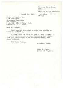 ["Clyde A. Wheeler, Jr. sent studies on taxes and inflation to James R. Jones, a Member of Congress, discussing the challenges faced by the United States tax system in coping with inflation. The studies highlight the adverse effects on the business community and individual investors, and propose tax changes to address the issue. Jones thanked Wheeler for the studies and expressed interest in further investigating the problems."]