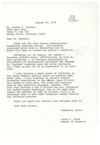 ["The document is from James R. Jones, a Member of Congress, responding to Mr. Lester A. Pinalto's concerns about rising aluminum prices and inflation. Jones expresses sympathy for the issue and discusses the nation's economic problems, particularly the federal deficit. He mentions supporting budget-balancing resolutions and a tax reduction proposal to help address inflation. Jones thanks Pinalto for sharing his thoughts and promises to continue working towards solving the issue."]