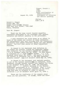 ["Howard J. Crager seeks verification of statements made by the President regarding inflation being the nation's number one problem and deficit spending contributing to inflation. Congressman James R. Jones responds with transcripts of the President's remarks, confirming that the President did make these statements. Jones also offers further information if needed."]