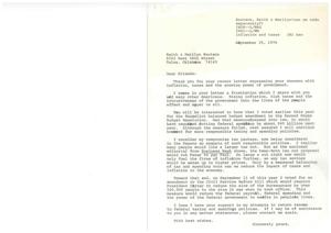 ["The document is from Keith and Marilyn Knutson expressing frustration with inflation, taxes, and government intrusion. Representative  James R. Jones responds by explaining his support for responsible taxing and spending policies, including a compromise tax package. The Knutson's also express concerns about government spending, energy policy, and the need for term limits for politicians. They question Representative  Jones' support for a 4% tax cut and ask for immediate relief from financial burdens."]