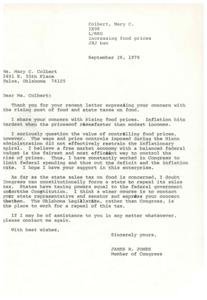 ["The document includes a letter from James R. Jones in response to concerns about rising food prices and state taxes on food. Jones believes in a free market economy and urges contacting state representatives about the tax issue. The document also includes a questionnaire about federal regulations and their impact on various aspects of life, as well as questions about the enforcement and justification of these regulations."]